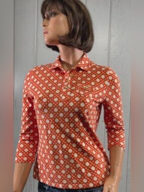 Talbots Womens Large Orange/Gold Geometric Print Polo Shirt Summer Professional